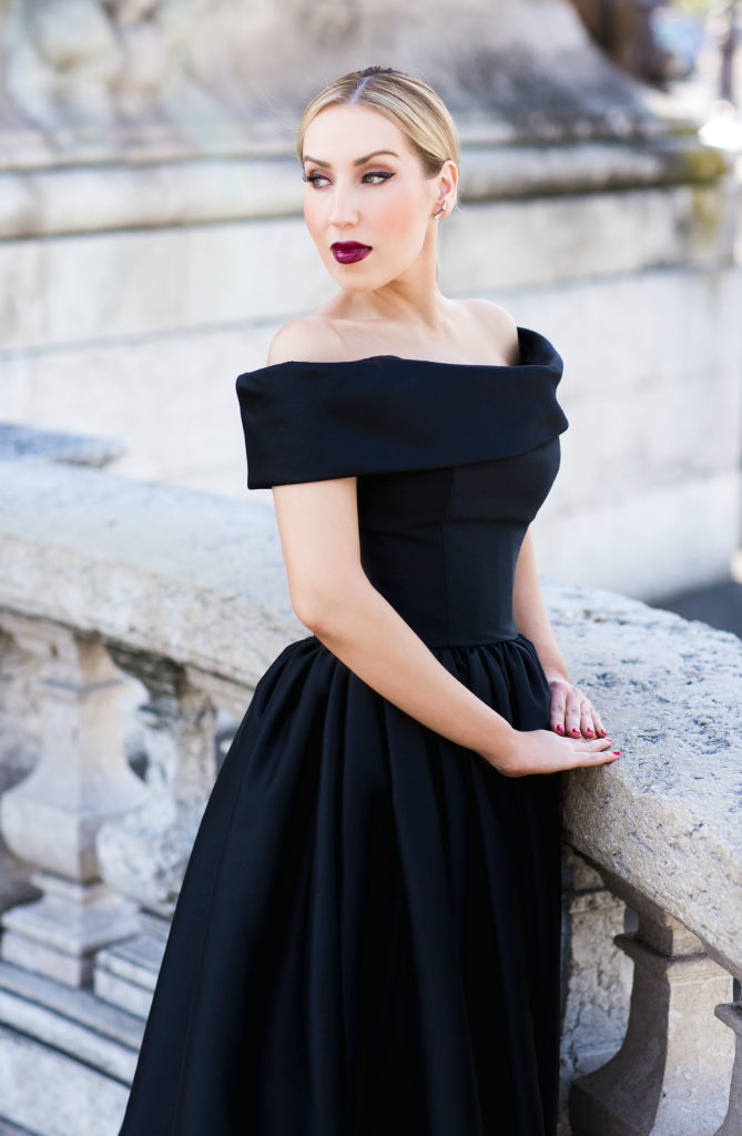 off the shoulder black tie dress