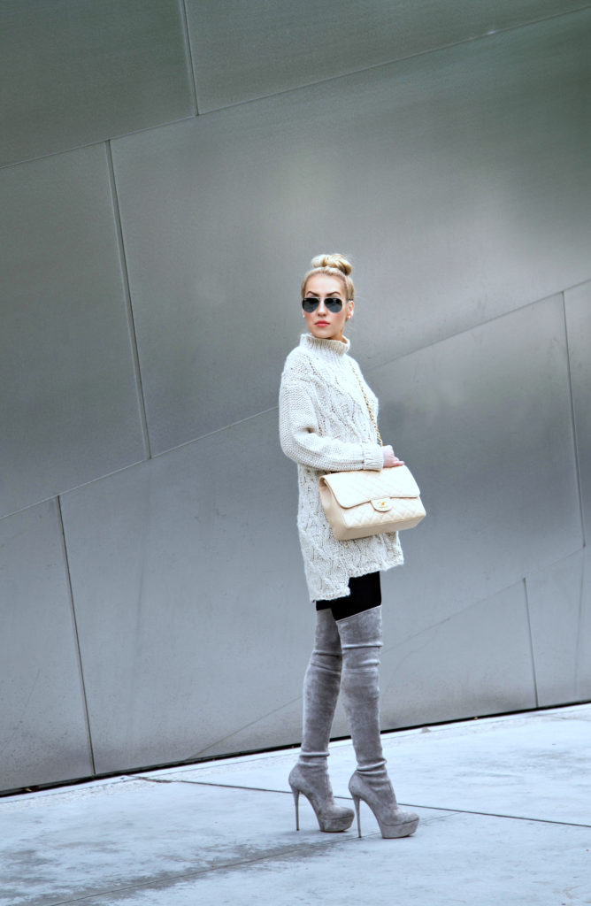Casadei OTK Boots,Sweater Dress and Boots,Chanel Beige Bag,Smoke and Shine,Casadei Grey OTK,Beige Chanel Jumbo Bag,Sweater Dress Look,Beige Chanel Jumbo Bag,H&M Sweater Dress,Beige Chanel,Sweater Dress And Boots Look,Grey and Beige outfit,Over the Knee grey boots,Ray- Ban Silver Mirror Sunglasses