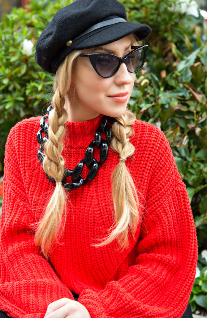 H&M Trend sweater,H&M Skirt,Charlotte Olympia Pandora Clutch,Charlotte Olympia Clutch ,Tom Ford Nikita Sunglasses,Eugenia Kim Jessa hat,Charlotte Olympia Lips Clutch,Diana Broussard Nate Necklace,Black And Red outfit,Charlotte Olympia Lip Clutch,Kiss Me Clutch,Valentines Day Outfit 2015