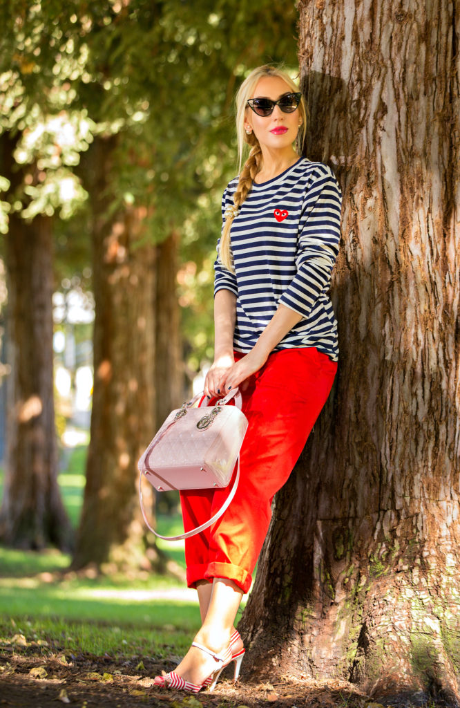 comme des garcons play shirt,On A Warmer Note,Nautical Outfit,Navy and Red outfit,Nautical Trend,Stripes and red outfit,Stripes and Pearls,comme des garcons play t-shirt,Christian Dior Lady Dior Medium Pink Bag, tom ford nikita sunglasses