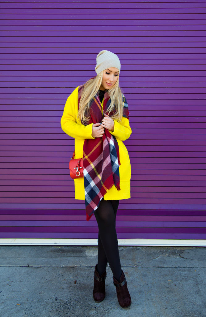 Rag and Bone Boots,Yellow and Red Outfit,Neon Coat,All Saints Beanie,Zara Checkered Scarf,Givenchy Obsedia Bag,Check scarf and beanie,Zara scarf,rag and bone harrow boots,all saints beanie,zara check scarf,zara plaid scarf,Color Pop