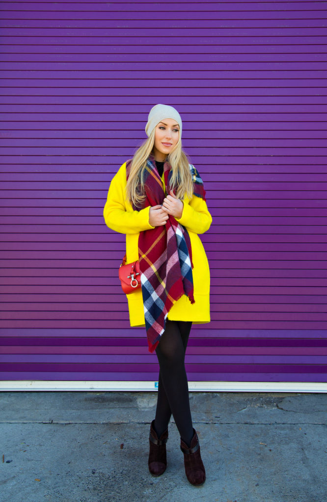 Rag and Bone Boots,Yellow and Red Outfit,Neon Coat,All Saints Beanie,Zara Checkered Scarf,Givenchy Obsedia Bag,Check scarf and beanie,Zara scarf,rag and bone harrow boots,all saints beanie,zara check scarf,zara plaid scarf,color pop