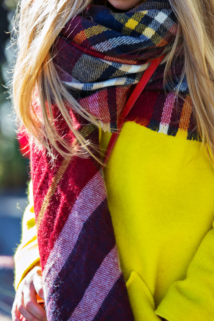 Rag and Bone Boots,Yellow and Red Outfit,Neon Coat,All Saints Beanie,Zara Checkered Scarf,Givenchy Obsedia Bag,Check scarf and beanie,Zara scarf,rag and bone harrow boots,all saints beanie,zara check scarf,zara plaid scarf