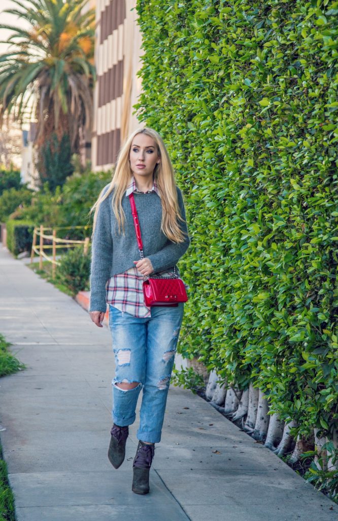 Maje Sweater,Boyfriend Jeans with Chanel Bag Look,Boyfriend Jeans and Plaid Shirt Look,Chanel Boy Bag,Red Chanel Boy Bag,Zara Boyfriend Jeans and Sweater Look,Ripped Boyfriend Jeans,Golden Hour in LA,Red Chanel bag,Iro Kansas Booties,the boy bag
