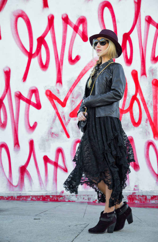 Love Wall,Lace and Leather Outfit,Free People Lace Dress,Saint laurent Bag,Dita Lyon Sunglasses,Love Wall LA,Free People French Court Slip dress,Fedora Hat with Braid,Rag And Bone Fedora Hat,Lace and Braids,Rag and Bone Harrow Boots,Love Me Love Me