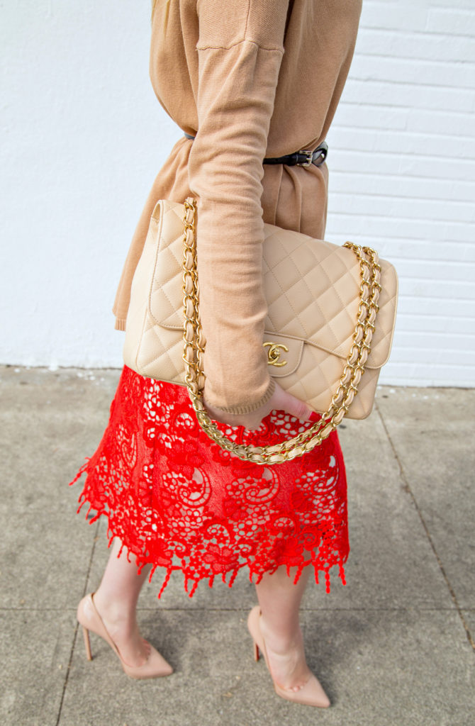 Red and Beige Outfit,Beige and Red outfit,Red Lace skirt,Chanel Jumbo caviar,Red and Tan,MCGM Skirt,Red Lace,Diana Broussard Nate Necklace,Red and Tan Outfit, MSGM Lace dress,Christian Louboutin Pigalle, Christian Louboutin and Chanel, Dior Butterfly,Bow Belt