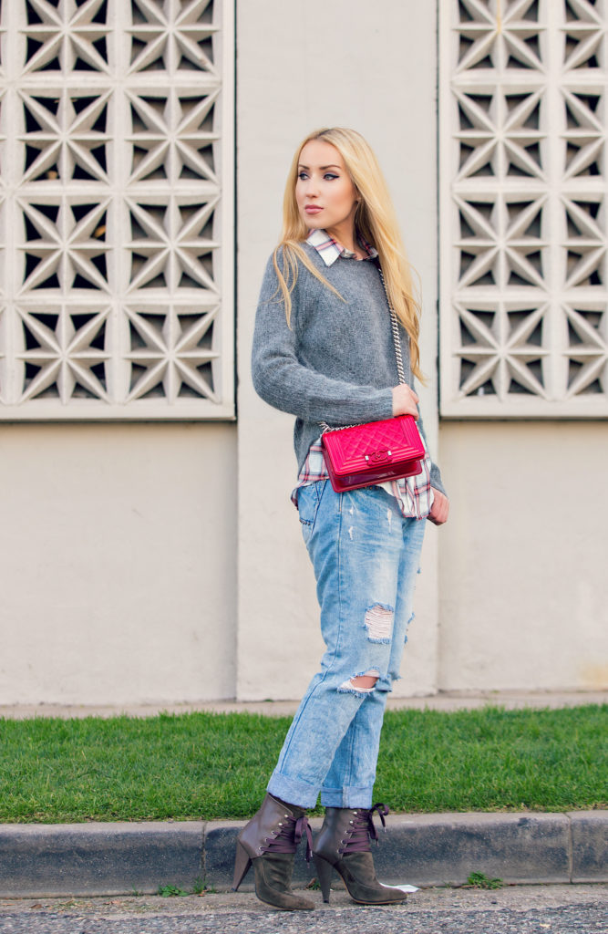 Maje Sweater,Boyfriend Jeans with Chanel Bag Look,Boyfriend Jeans and Plaid Shirt Look,Chanel Boy Bag,Red Chanel Boy Bag,Zara Boyfriend Jeans and Sweater Look,Ripped Boyfriend Jeans,Golden Hour in LA,Red Chanel bag,Iro Kansas Booties ,the boy bag