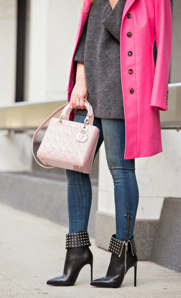 How to wear pink coat,Lanvin Love Necklace,Pink Coat,Lanvin Necklace,Rag and Bone Jeans,Grey and Pink outfit,Pink and Grey,Saint Laurent paris Boots,Love Necklace Lanvin,Pink Coat and Grey Sweater,Zara Sweater,Pink Lady Dior Bag,Lanvin Love,On Wednesdays We Wear,Kuna Coat