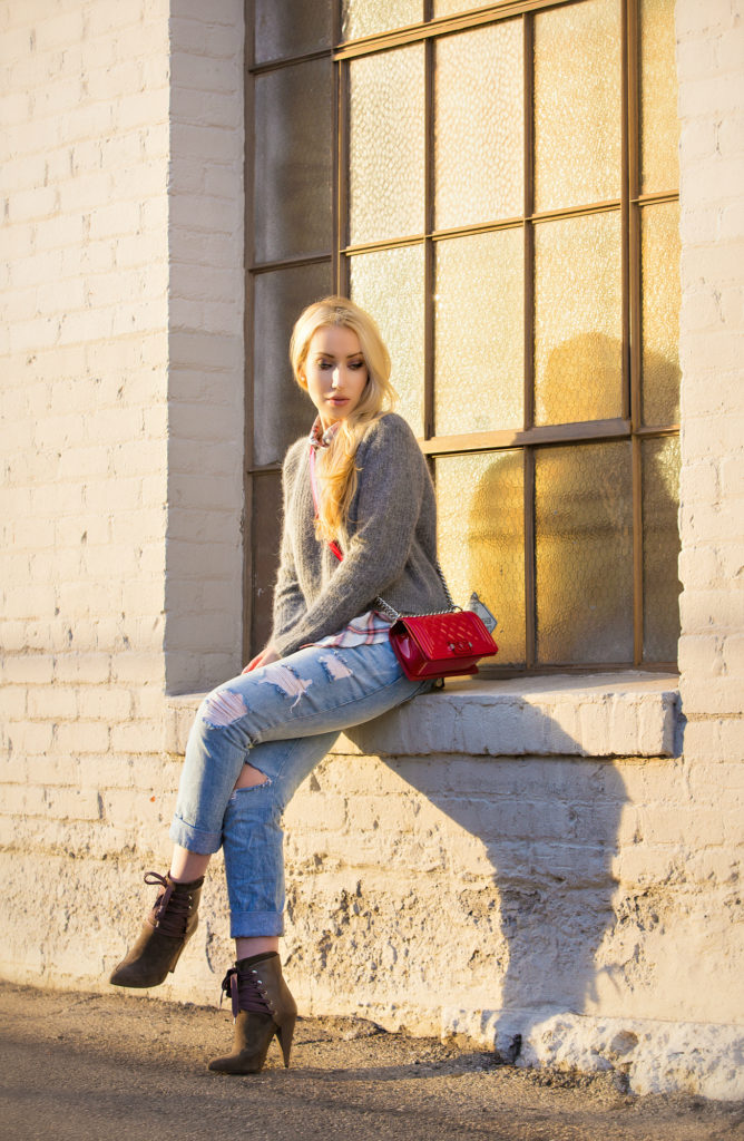 Maje Sweater,Boyfriend Jeans with Chanel Bag Look,Boyfriend Jeans and Plaid Shirt Look,Chanel Boy Bag,Red Chanel Boy Bag,Zara Boyfriend Jeans and Sweater Look,Ripped Boyfriend Jeans,Golden Hour in LA,Red Chanel bag,Iro Kansas Booties,the boy bag