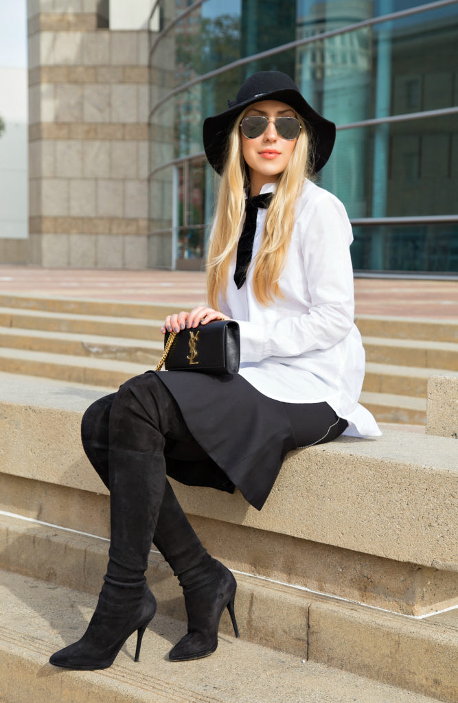 white shirt with Black Skirt Outfit Inspiration,Black Tie Attire,Casadei OTK Boots,Black and White Outfit,Black OTK Boots with the Hat,Black and White Look,White Shirt and Hat Outfit,Saint Laurent Bag,Hat Look,Zadig and Voltaire Hat,Monochromatic Look,Casadei Boots,Zara Midi Skirt,Peplum Skirt,Ray- Ban Silver Mirror Sunglasses