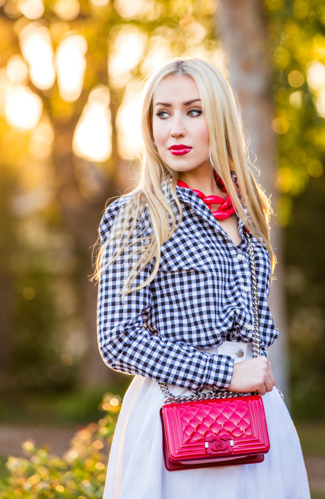 Checkered Shirt,Red And white Outfit,Midi White Skirt,Red Chanel Bag,Black and White with a pop of red outfit,Chanel Boy Outfit,Patent Chanel Boy in Red,Diana Broussard Nate,Chanel Boy,Diana Broussard Nate shocked pink,gingham,H&M Skirt,Gap shirt 