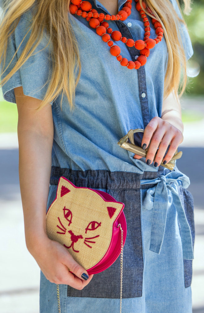 Charlotte Olympia Summer Kitty,Charlotte Olympia Bag,Charlotte Olympia Raffia Kitty,Denim dress Trend,Red Kitty Bag,Kitty Raffia bag,Cat bag,Panama Hat and Raffia Charlotte Olympia Bag,Kitty Bag,Charlotte Olympia Kitty Bag,Kitty Hat,The Cat's Meow,Kate Spade Saturday Necklace
