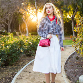 Checkered Shirt,Red And white Outfit,Midi White Skirt,Red Chanel Bag,Black and White with a pop of red outfit,Chanel Boy Outfit,Patent Chanel Boy in Red,Diana Broussard Nate,Chanel Boy,Diana Broussard Nate shocked pink,gingham,H&M Skirt,Gap shirt ,Dimmed