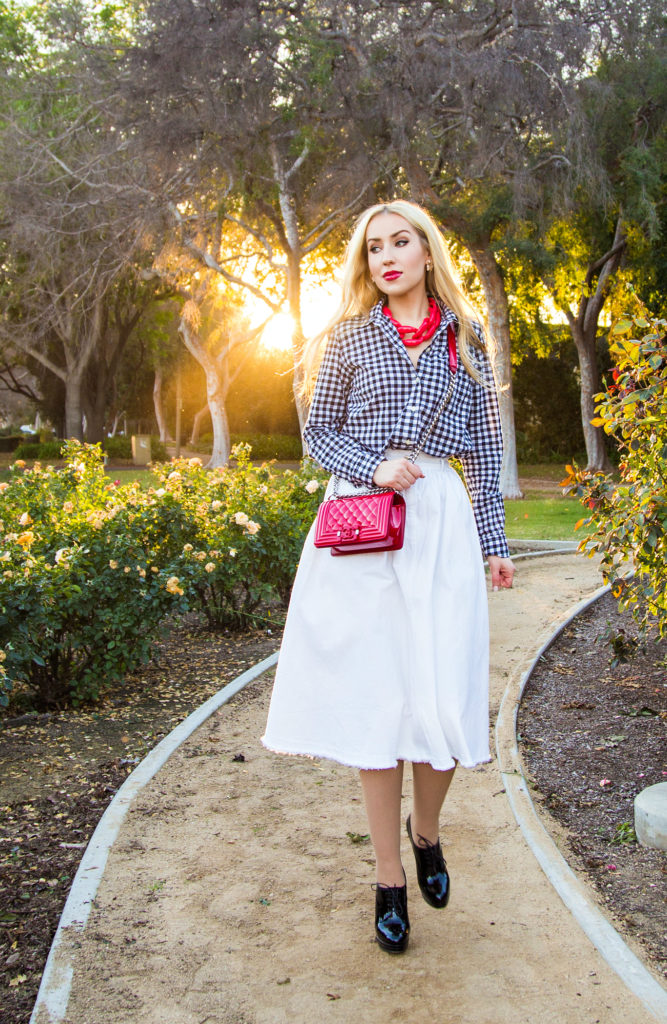 Checkered Shirt,Red And white Outfit,Midi White Skirt,Longer days,Red Chanel Bag,Black and White with a pop of red outfit,Chanel Boy Outfit,Patent Chanel Boy in Red,Diana Broussard Nate,Chanel Boy,Diana Broussard Nate shocked pink,gingham,H&M Skirt,Gap shirt 