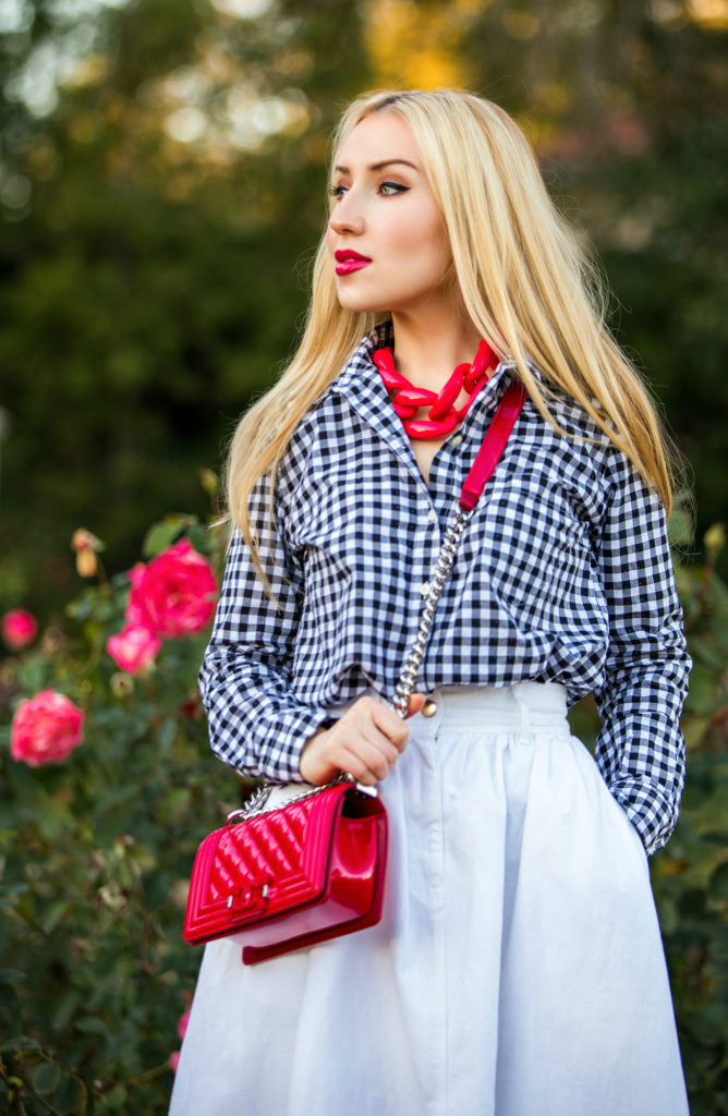 Checkered Shirt,Red And white Outfit,Midi White Skirt,Red Chanel Bag,Black and White with a pop of red outfit,Chanel Boy Outfit,Patent Chanel Boy in Red,Diana Broussard Nate,Chanel Boy,Diana Broussard Nate shocked pink,gingham,H&M Skirt,Gap shirt 