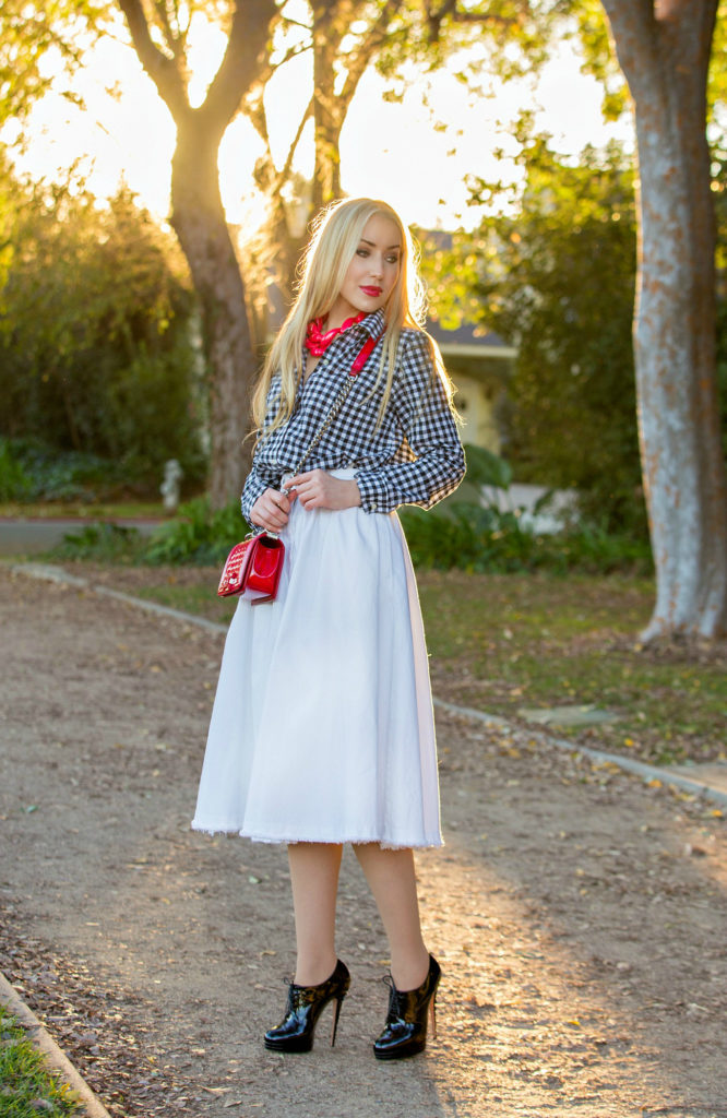 Checkered Shirt,Red And white Outfit,Midi White Skirt,Red Chanel Bag,Black and White with a pop of red outfit,Chanel Boy Outfit,Patent Chanel Boy in Red,Diana Broussard Nate,Chanel Boy,Diana Broussard Nate shocked pink,gingham,H&M Skirt,Gap shirt ,Longer Days