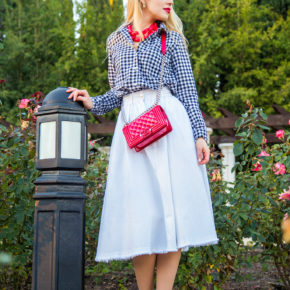 Checkered Shirt,Red And white Outfit,Midi White Skirt,Red Chanel Bag,Black and White with a pop of red outfit,Chanel Boy Outfit,Patent Chanel Boy in Red,Diana Broussard Nate,Chanel Boy,Diana Broussard Nate shocked pink,gingham,H&M Skirt,Gap shirt