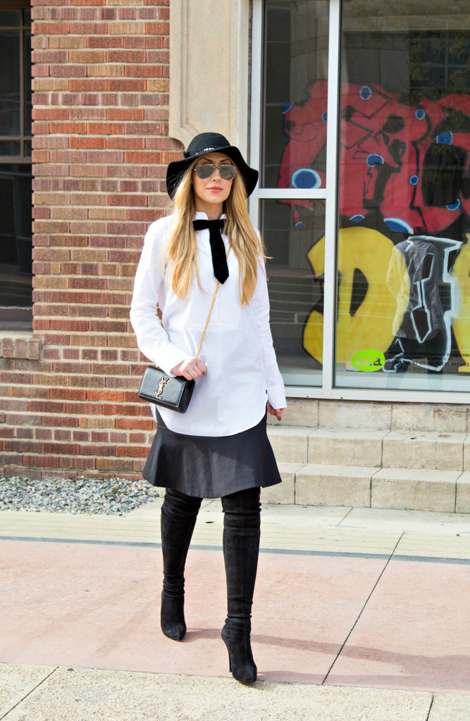 white shirt with Black Skirt Outfit Inspiration,Black Tie Attire,Casadei OTK Boots,Black and White Outfit,Black OTK Boots with the Hat,Black and White Look,White Shirt and Hat Outfit,Saint Laurent Bag,Hat Look,Zadig and Voltaire Hat,Monochromatic Look,Casadei Boots,Zara Midi Skirt,Peplum Skirt,Ray- Ban Silver Mirror Sunglasses