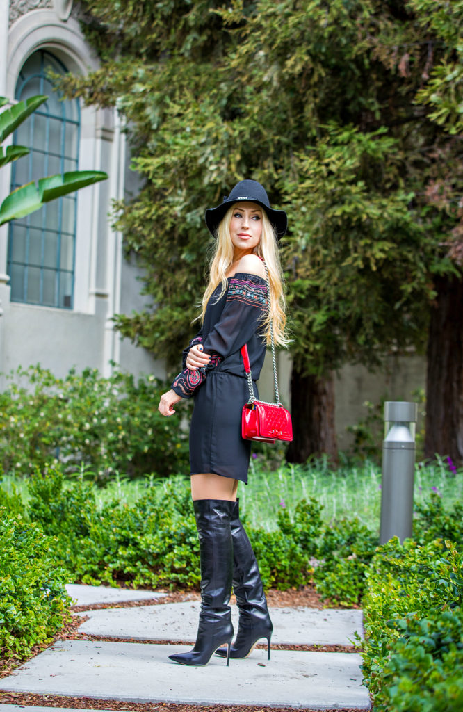 Gianvito Rossi Boots,Red Chanel Boy Bag,Black and Red Outfit,Off the shoulder spring dress,Gianvito Rossi Stilo Boots,Off the shoulder dress and boots outfit,Coachella 2015 Outfit Ideas,Coachella Outfits 2015,Zadig&Voltaire hat,Embroidered off the shoulder dress,Red Patent Leather Chanel Boy,Coachella calling