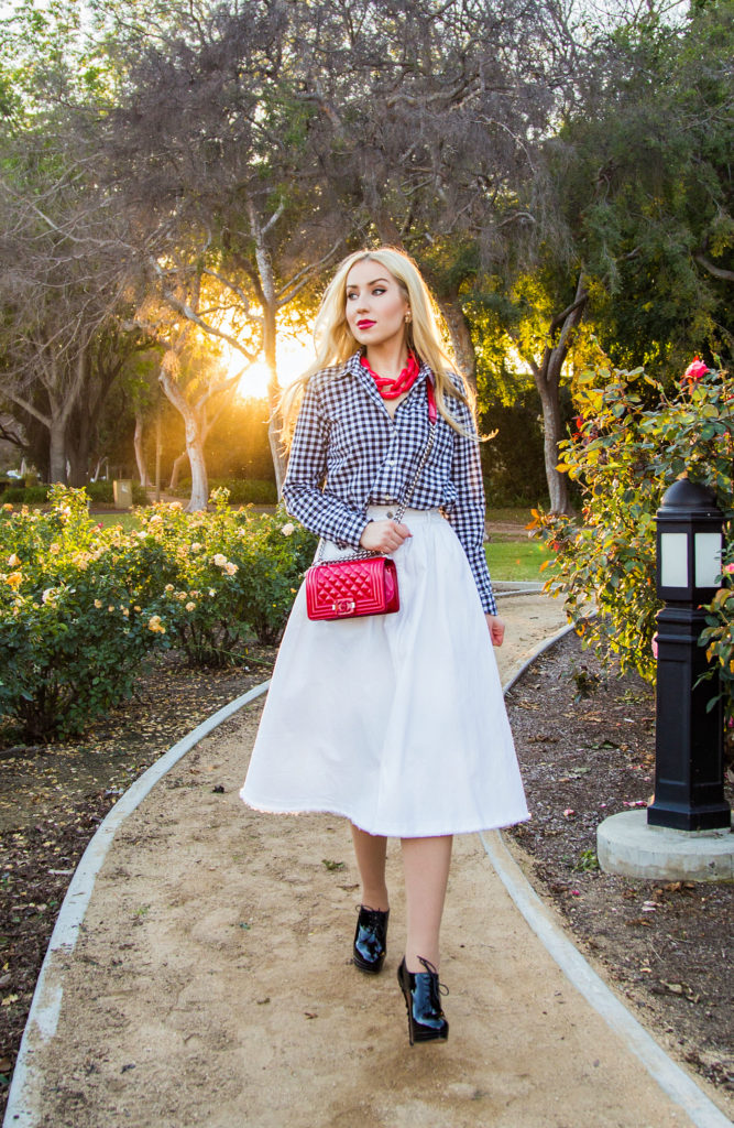 Longer Days,Checkered Shirt,Red And white Outfit,Midi White Skirt,Red Chanel Bag,Black and White with a pop of red outfit,Chanel Boy Outfit,Patent Chanel Boy in Red,Diana Broussard Nate,Chanel Boy,Diana Broussard Nate shocked pink,gingham,H&M Skirt,Gap shirt 