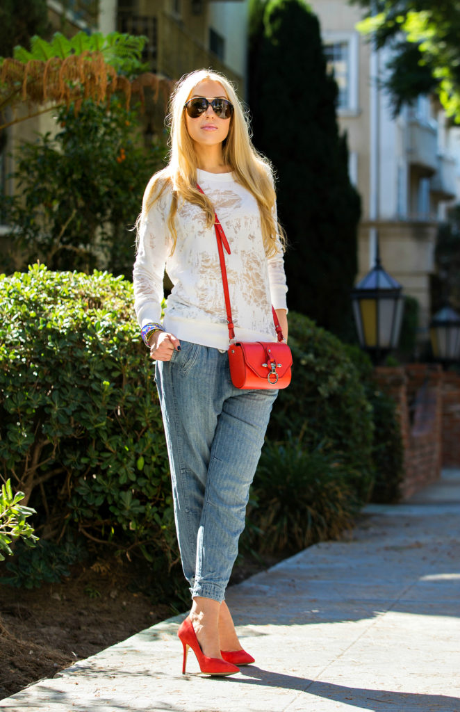 iro sweater,Iro Gareth Sweater,Free People Harem Pants,Red Givenchy Obsedia,Iro top,Givenchy Red Obsedia Bag,Free People Easy Chambray Harem Pants,California Casual style