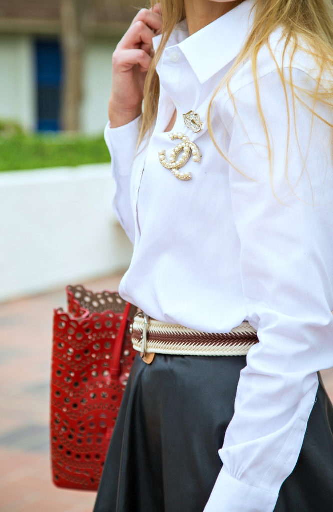 Alaia Laser Cut Bag,Oh Roy Pierre Hardy,Leather Skirt,How to style white shirt,pierre hardy eye sandals,Chanel brooches,chanel pins and brooches,OH Roy Pierre hardy sandals,White shirt and leather skirt,Alaia Laser- Cut Bag,pierre hardy oh roy,Alaia Bag,miss en dior earrings