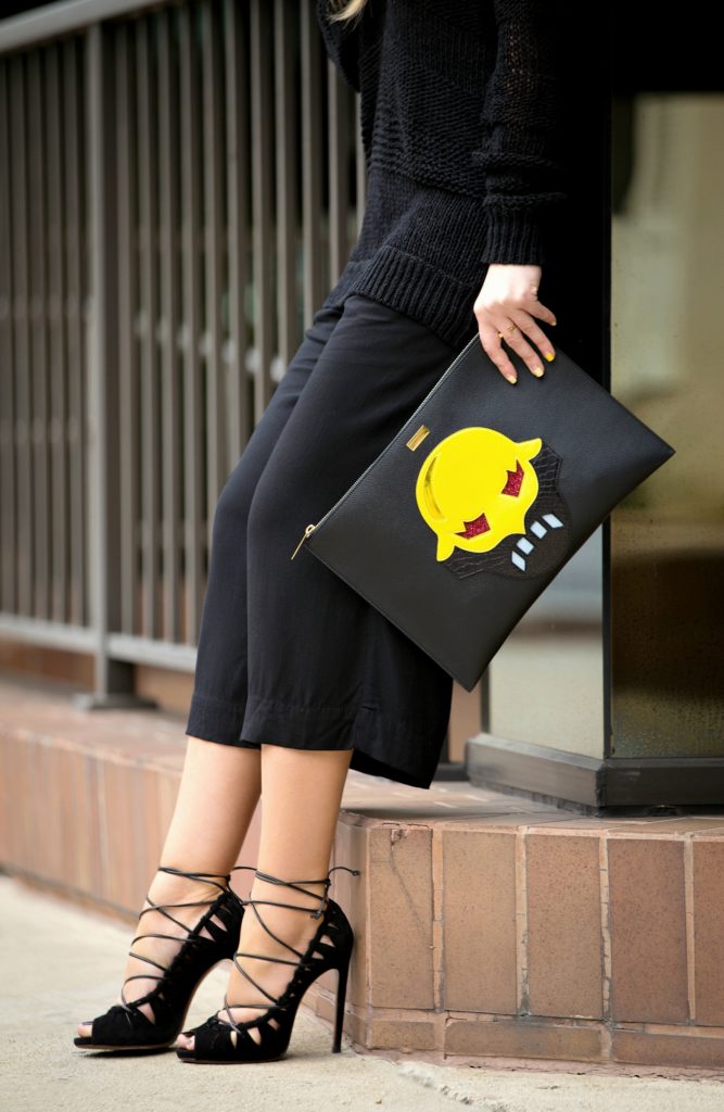SUPERSTELLAHEROES LARGE ZIPPED CLUTCH,SUPERSTELLAHEROES,ALAIA SANDALS,ALAIA LACE-UP SANDALS,SUPERSTELLAHEROES CLUTCH,HOW TO WEAR CULOTTES,STELLA MCCARTNEY STREET STYLE,ALL BLACK OUTFIT,SUPER STELLA HEROES CLUTCH,SUPERSTELLAHEROES STELLA MCCARTNEY,STELLA SUPER HERO BAG,OSCAR DE LA RENTA TULIP EARRINGS