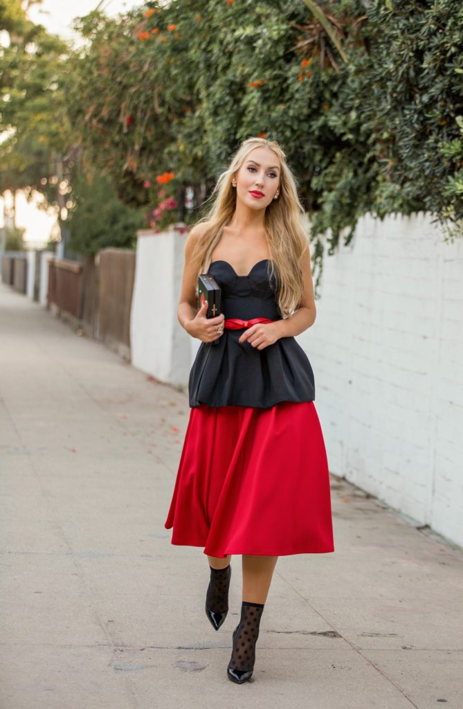 Carolina Herrera Belt,Cameo Bustier with skirt outfit,Black and red outfit,Wolford leonie socks,Pumps with socks,Asos Red scuba skirt,Charlotte Olympia Lips Clutch,Red and polka dot,wolford polka dot,Charlotte Olympia kiss clutch,Bustier,Christiane Louboutin Pigalle,Pumps with socks