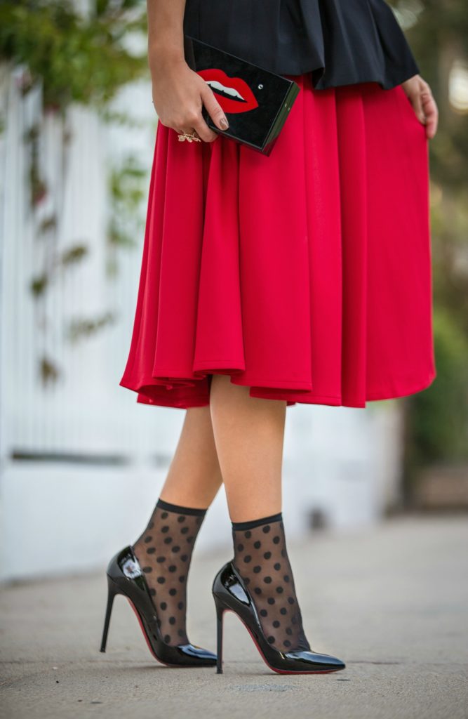 Carolina Herrera Belt,Cameo Bustier with skirt outfit,Black and red outfit,Wolford leonie socks,Pumps with socks,Asos Red scuba skirt,Charlotte Olympia Lips Clutch,Red and polka dot,wolford polka dot,Charlotte Olympia kiss clutch,Bustier,Christiane Louboutin Pigalle 