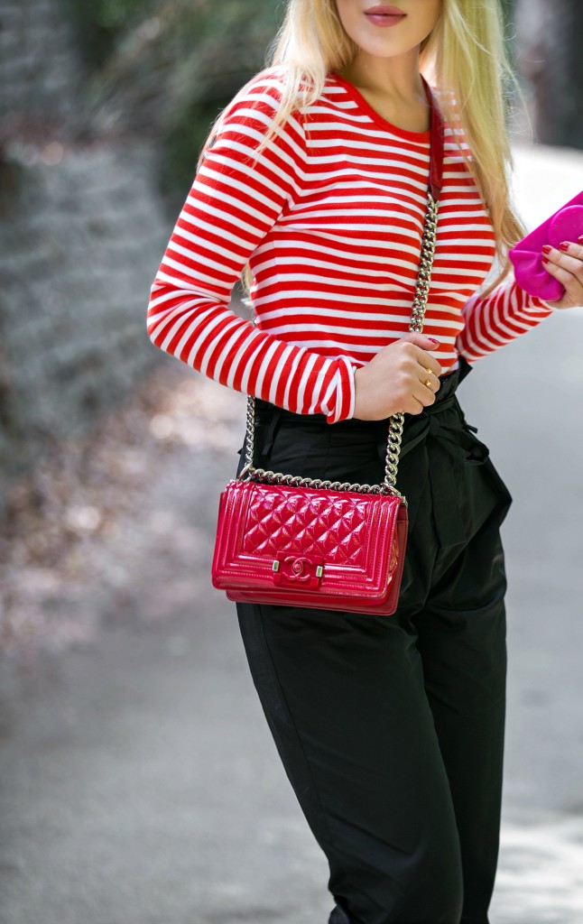 Gap basics,Chanel and christian Louboutin accessories,Red and black outfit,Chanel Boy red,Gap red stripe t-shirt,Zara high waisted pants,zara drawstring pants,Red chanel bag,Chanel Red patent boy bag,christian louboutin pigalle plato