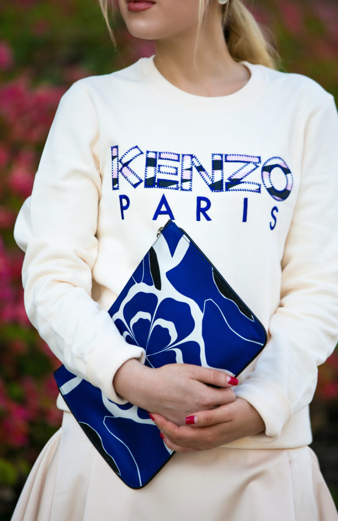 alexander mcqueen pouch, Street style wear, Sporty city look, espadrille, slip ons, mother of pearl shoes, Kenzo outfit, alexander mcqueen bag, Dior so real, Kenzo sweatshirt, Kenzo Paris Sweatshirt,Kenzo street style