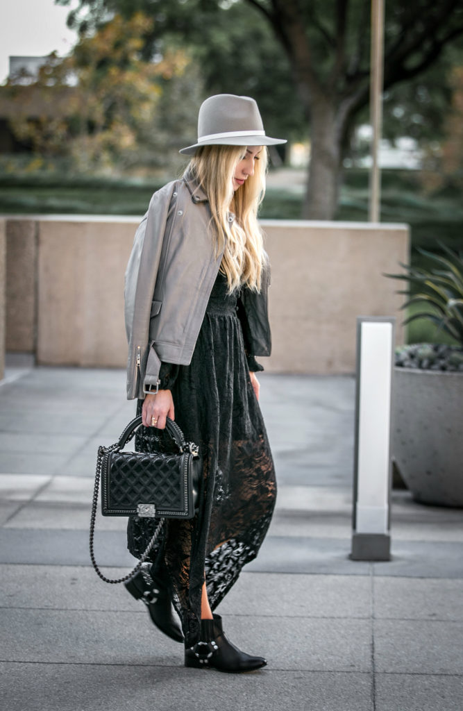 chanel salzburg black bag,chanel salzburg bag,chanel salzburg boy bag,chanel boy bag,zadig and voltaire boots,Rag and Bone Hat,Vita fede rings,Nightcap clothing dress,Leather and lace,chanel and lace,chanel and lace dress,maje leather jacket,beige and black outfit
