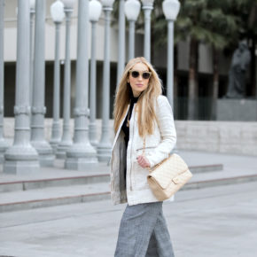 Lacma,Zara culottes,How to wear culottes,Chanel boots,Chanel patent leather boots,balenciaga necklace,maje jacket,monochromatic outfit,Celine sunglasses,black and white zara outfit,Celine sunglasses,Chanel classic,LACMA lamps,balenciaga pendant necklace,monochromatic B&W outfit
