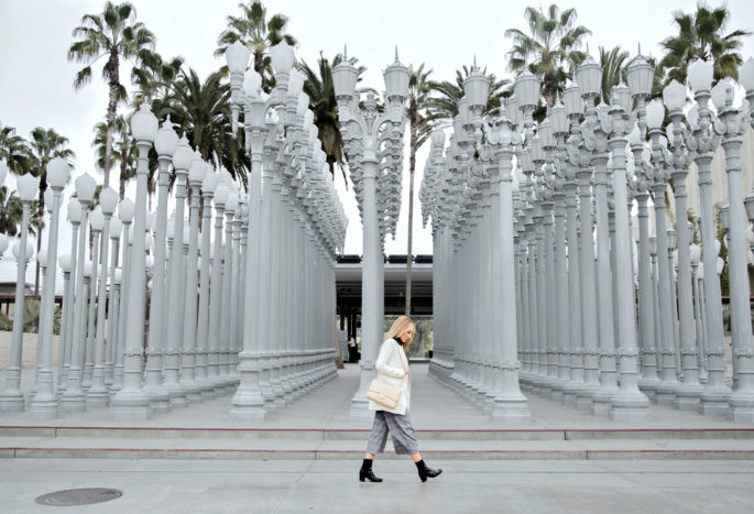 Lacma,Zara culottes,How to wear culottes,Chanel boots,Chanel patent leather boots,balenciaga necklace,maje jacket,monochromatic outfit,Celine sunglasses,black and white zara outfit,Celine sunglasses,Chanel classic,LACMA lamps,balenciaga pendant necklace,monochromatic B&W outfit,LACMA lights 308012