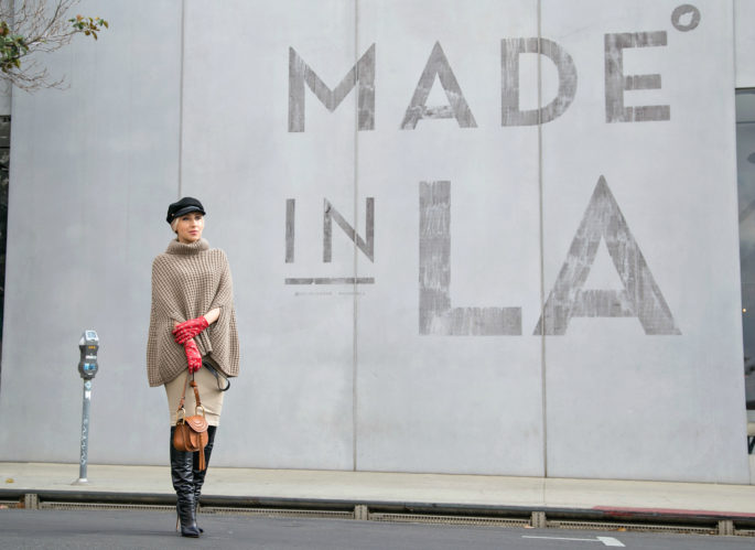Made in LA mural melrose,Cape with boots outfit,gianvito rossi stilo boots,Over the knee boots,OTK boots with chloe hudson bag,OTK boots for spring,Spring coat,Boots and cape,Hudson chloe bag,Dolce Gabbana Cape,How to wear cape,gianvito rossi boots,chloe hudson,eugenia kim hat,cadet hat
