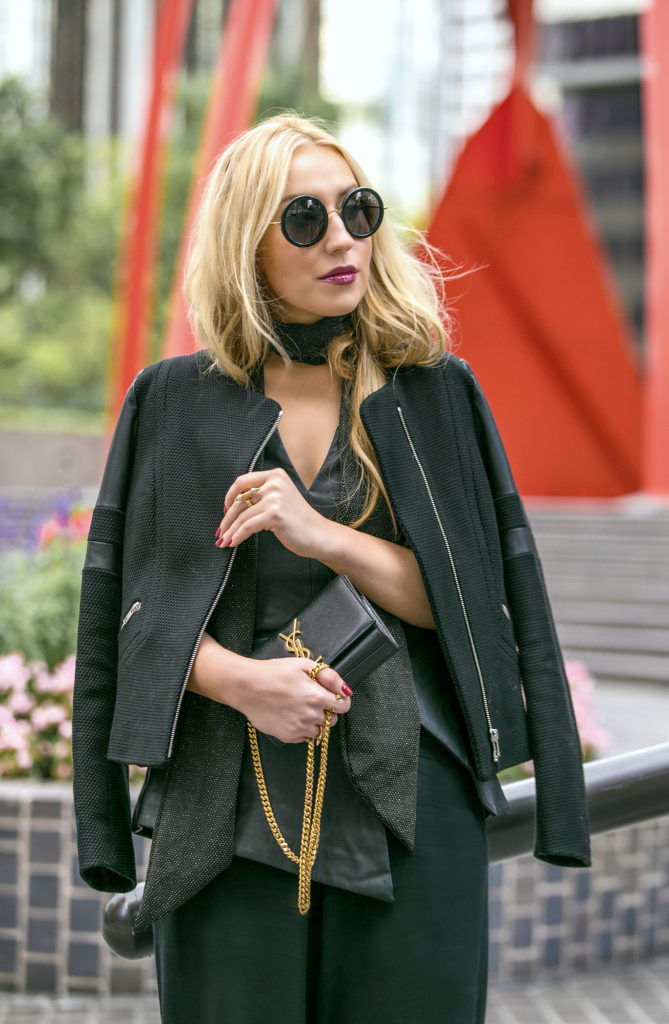 black minimalistic outfit,ALAIA heels,Alaia Sandals,Culottes outfit,YSL MONOGRAM BAG,How to wear culottes,the row sound sunglasses,finders keepers bustier,dolan t-shirt,dior fluid stick in Trompe L’Oeil,Sandro jacket,ysl bag,saint laurent bag,YSL BAG with MONOGRAM,
