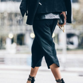 black minimalistic outfit,ALAIA heels,Alaia Sandals,Culottes outfit,YSL MONOGRAM BAG,How to wear culottes,the row sound sunglasses,finders keepers bustier,dolan t-shirt,dior fluid stick in Trompe L’Oeil,Sandro jacket,ysl bag,saint laurent bag