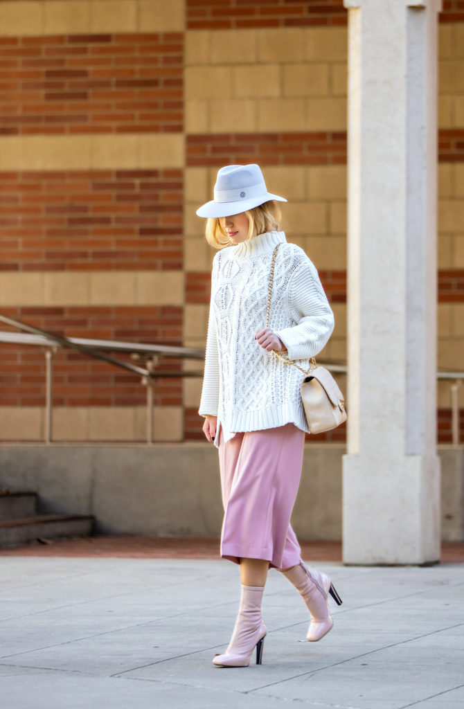 Pastel outfit for spring,how to wear culottes for spring,beige Chanel bag,White sweater zara culottes outfit,maison michel pastel henrietta hat,Plexi heel boots,ALEXANDER MCQUEEN Perspex heel ankle boots,Chanel Caviar classic jumbo beige,Maison Michel henrietta,Chunky sweater outfit,Maison Michel Henrietta hat, fisherman sweater outfit,Maison Michel outfit,Pastel Outfit,Culottes outfit,