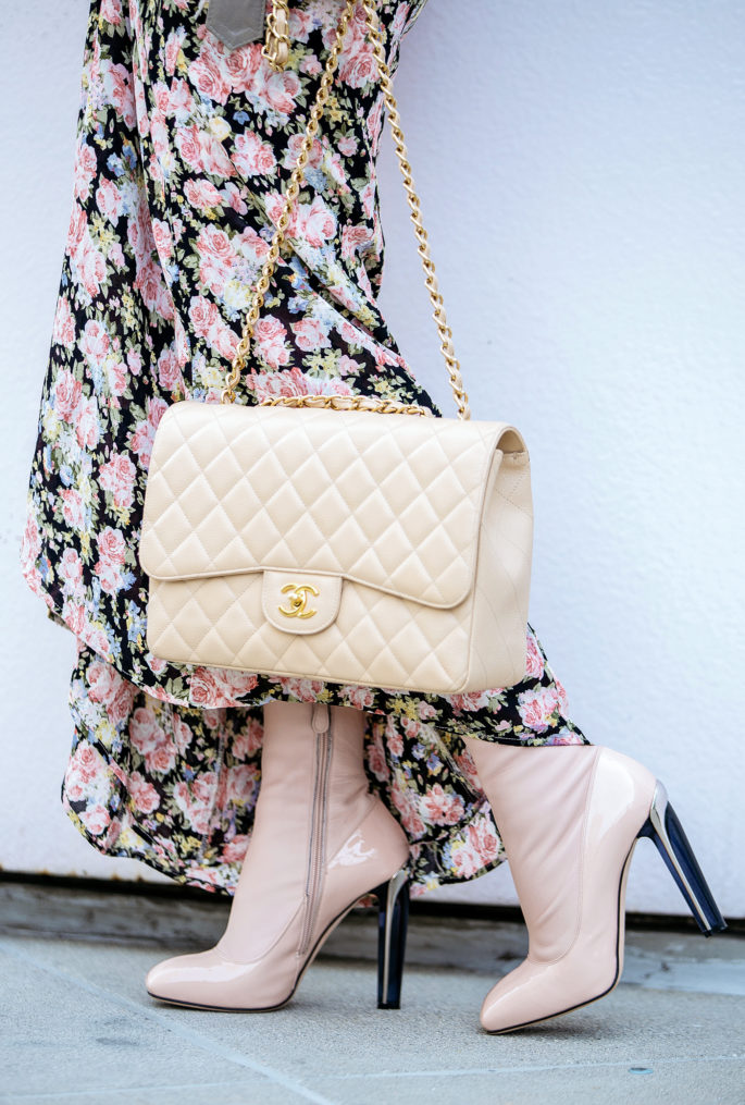 Pastel accessories,Reformation bloom dress,Reformation floral dress outfit,Maje leather jacket,ALEXANDER MCQUEEN Perspex heel leather ankle boots,Chanel classic jumbo,Maje beige leather jacket,Reformation maxi dress,Reformation floral maxi dress,Classic Chanel jumbo bag,
