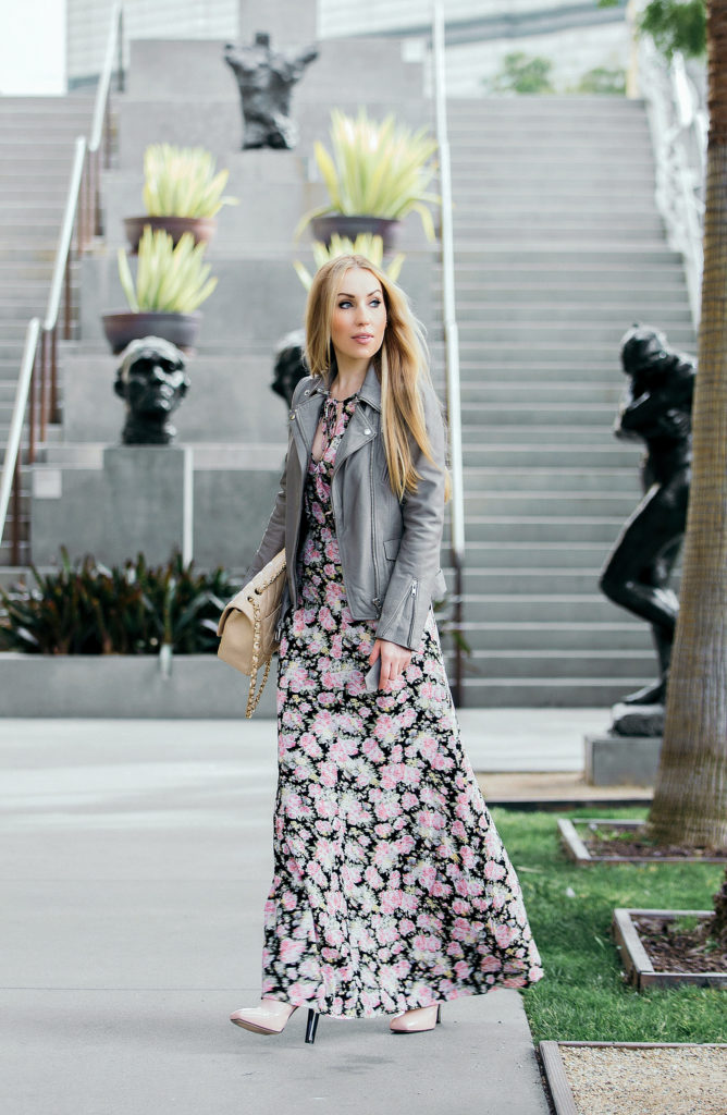 Pastel accessories,Reformation bloom dress,Reformation floral dress outfit,Maje leather jacket,ALEXANDER MCQUEEN Perspex heel leather ankle boots,Chanel classic jumbo,Maje beige leather jacket,Reformation maxi dress,Reformation floral maxi dress,Classic Chanel jumbo bag,