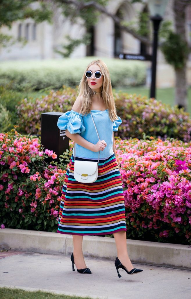 how to style off the shoulder top,celine troutteur small bag,renamed puff sleeve top,dior pumps,Renamed top,celine bag,renamed off the shoulder top,the row 8 round sunglasses,celine troutteur white bag,rainbow midi skirt, puff sleeve top,dior shoes,cynthia rowley rainbow skirt