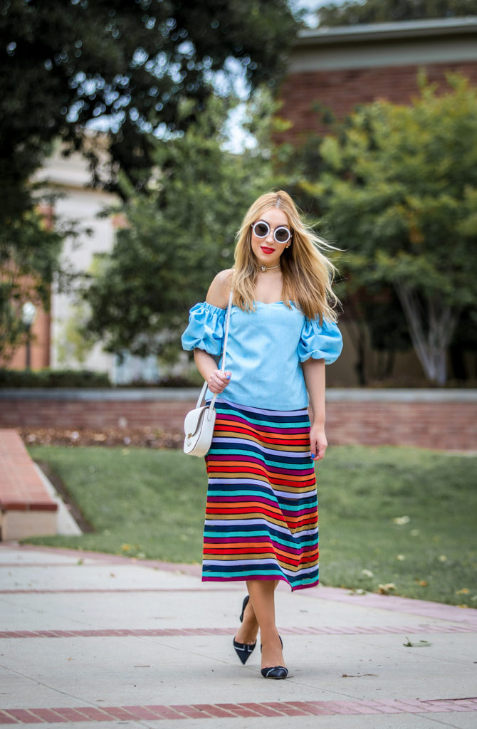how to style off the shoulder top,celine troutteur small bag,renamed puff sleeve top,dior pumps,Renamed top,celine bag,renamed off the shoulder top,the row 8 round sunglasses,celine troutteur white bag,rainbow midi skirt, puff sleeve top,dior shoes,cynthia rowley rainbow skirt