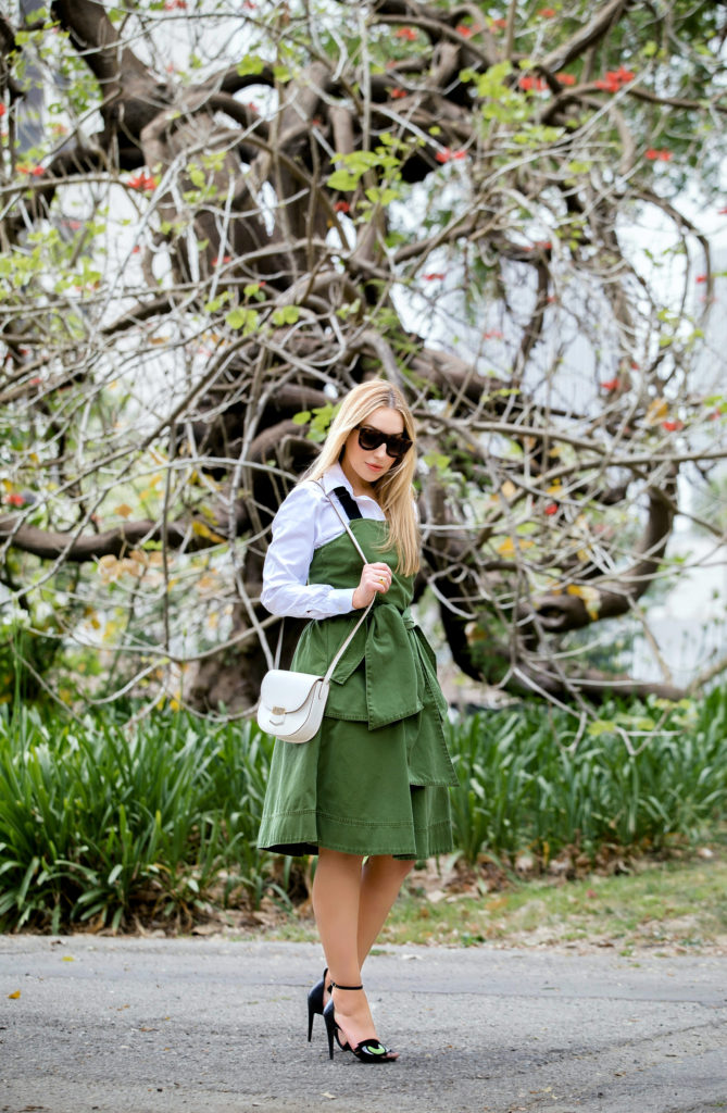 Suspenders and Oversized Bow,celine bag outfit,Marc By Marc Jacobs green bow suspender dress,marc jacobs dress,pierre hardy oh roy shoes,celine sunglasses,celine shield sunglasses,pierre hardy oh roy,oh roy shoes,how to style suspender dress,khaki dress,Marc By Marc Jacobs green bow dress,celine white bag,Celine trotter,Marc By Marc Jacobs green bow suspender overalls dress