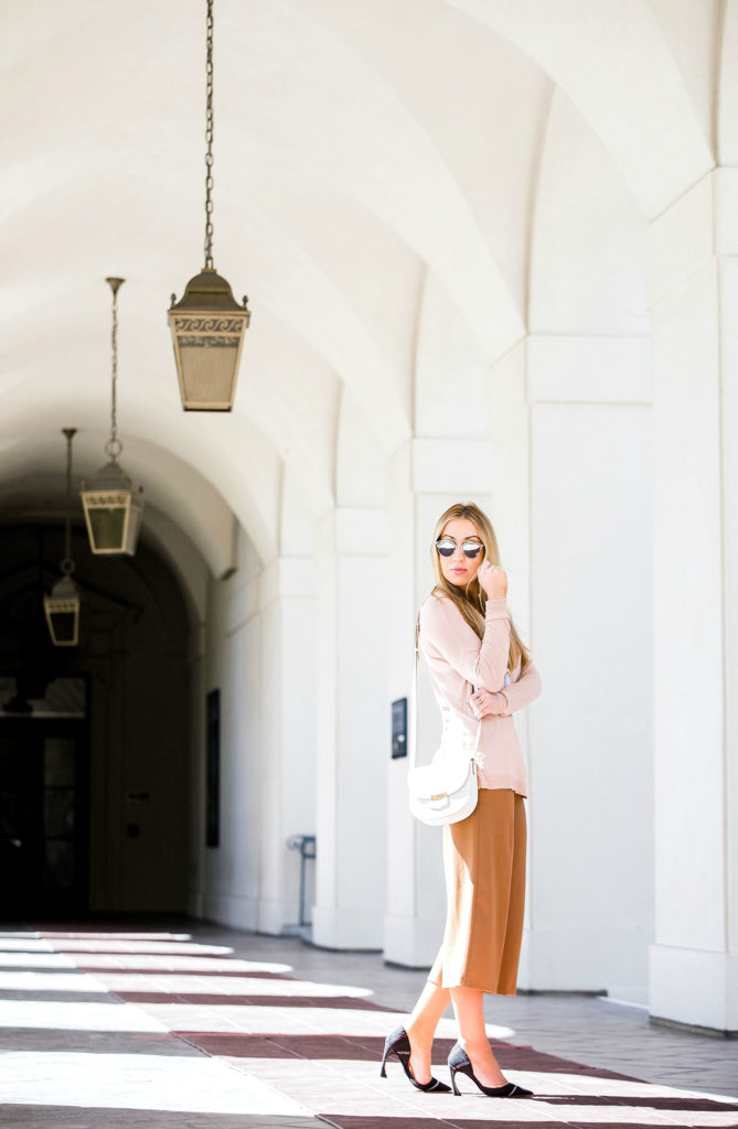 celine trotter,celine bag,beige outfit,how to wear culottes,pastel outfit,dior curved heel pumps,culottes outfit,dior so real sunglasses and celine bag,giorgio armani necklace,dior pumps,blush tones
