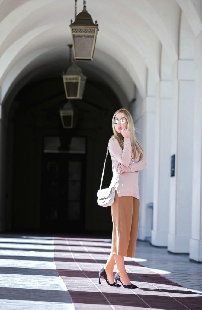 celine trotteur,celine bag,beige outfit,how to wear culottes,pastel outfit,dior curved heel pumps,culottes outfit,dior so real sunglasses and celine bag,giorgio armani necklace,dior pumps