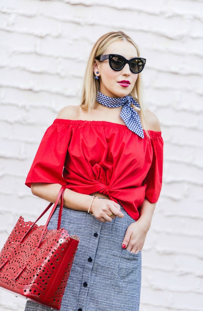 Alaia vienne tote,Alaia vienne perforated bag,how to wear off the shoulder top,alaia bag,Celine sunglasses,Reformation skirt,How to wear bandana,Reformation skirt set,H&M off the shoulder top,Celine cat eye sunglasses,Dior Tribal flats,Alaia Laser cut bag,Dior Ballerina flats