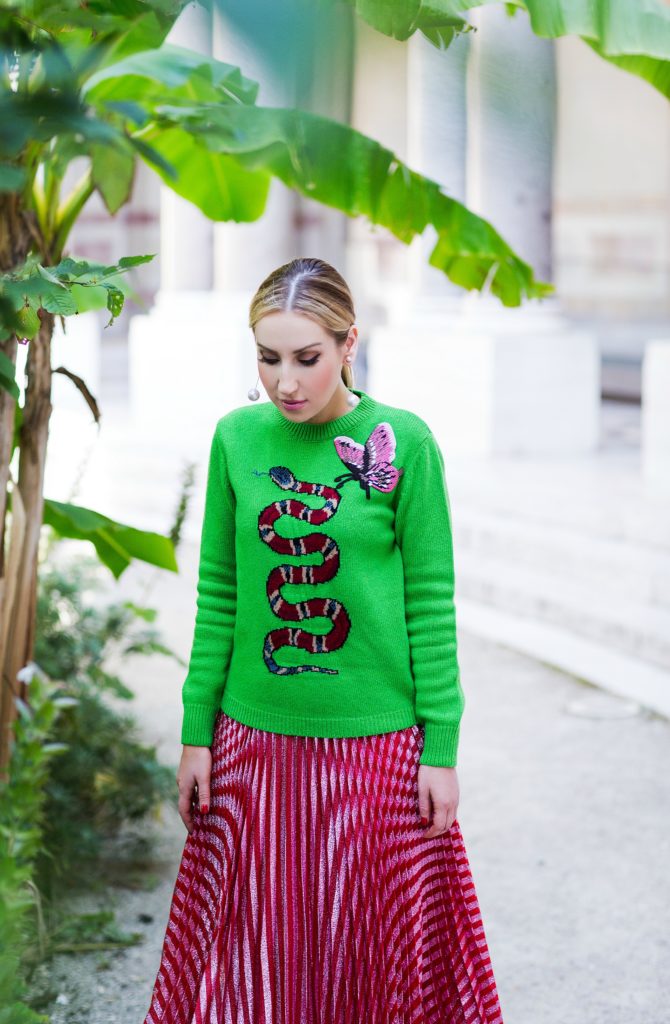 gucci-green-sweater,gucci-outfit,proenza-schouler-grommet-leather-shoes,proenza-schouler-mules,gucci-metallic-pleated-skirt,gucci-metallic-pleated-skirt-with-sweater,gucci-snake-intarsia-sweater,gucci-snake,gucci-metallic-pleated-skirt-and-sweater,saint-laurent-floral-bag,gucci-sweater,gucci-snake-and-butterfly-sweater,gucci fauna