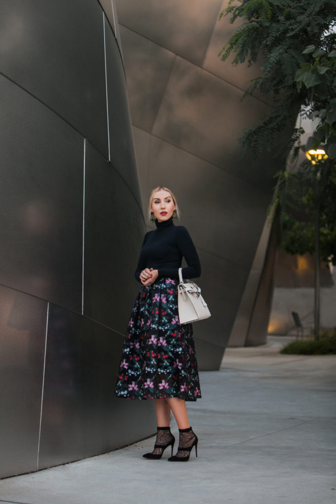 wolford-colorado,midi-skirt-with-bodysuit,christian-louboutin-boteboot-ankle-boots,hermes-kelly-bag,christian-louboutin-boteroboot,wolford-colorado-bodysuit,hermes-bag,hermes-kelly-craie,christian-louboutin-booties,statement-earrings,erdem-imari-skirt,erdem-floral-skirt,hermes-kelly,hermes-kelly-craie-bag,dtla-view,dtla-night-view,dtla-night-lights