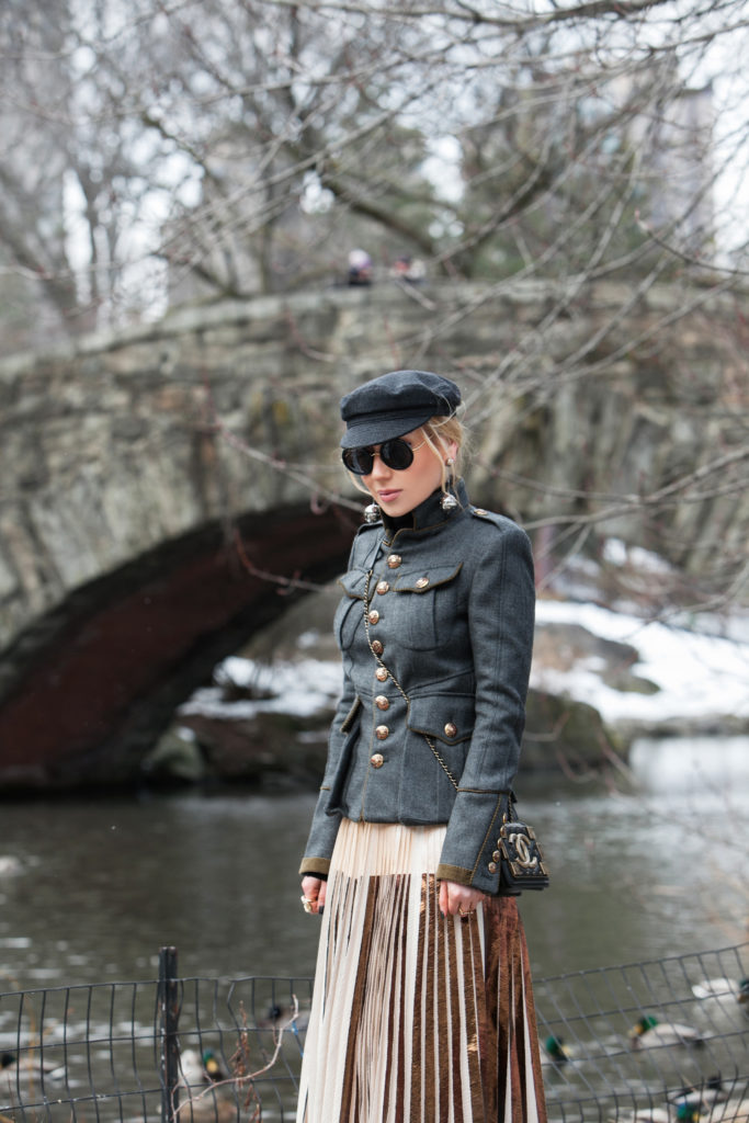 Central park pond,Central park photo shoot,NYFW17 street style,Manhattan View from Central Park,Central Park winter photo shoot,PROENZA SCHOULER Pleated Skirt,PROENZA SCHOULER Pleated Cloqué Skirt,PROENZA SCHOULER Pleated metallic Skirt,DSQUARED2 military coat,DSQUARED2 military jacket,Isabel Marant Etoile Evie,Chanel brick boy bag,Isabel Marant Etoile Evie hat,Dsquared2 wool coat,Prada Multi-sphere drop earrings,Grey and Gold outfit,DSQUARED2 jacket,Central Park winter photo shoot idea,DSQUARED2 Livery Tenant military jacket,Chanel brick boy,christian louboutin lace boots,christian louboutin leather lace boots