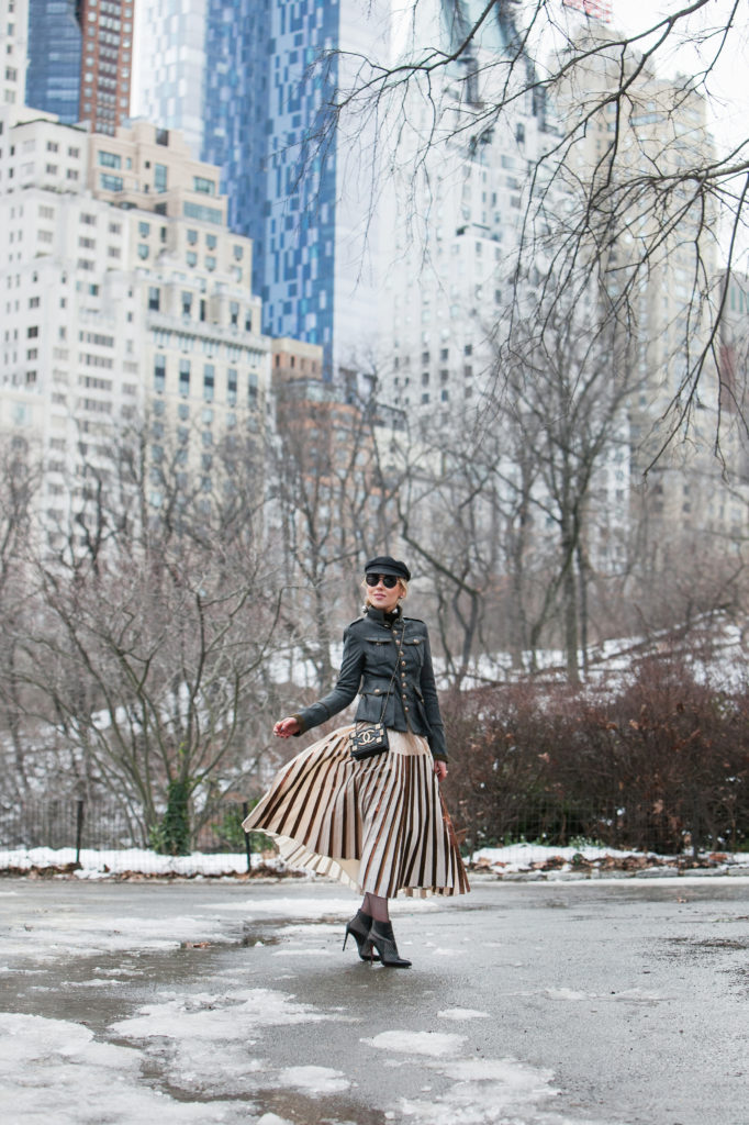 Central park pond,Central park photo shoot,NYFW17 street style,Manhattan View from Central Park,Central Park winter photo shoot,PROENZA SCHOULER Pleated Skirt,PROENZA SCHOULER Pleated Cloqué Skirt,PROENZA SCHOULER Pleated metallic Skirt,DSQUARED2 military coat,DSQUARED2 military jacket,Isabel Marant Etoile Evie,Chanel brick boy bag,Isabel Marant Etoile Evie hat,Dsquared2 wool coat,Prada Multi-sphere drop earrings,Grey and Gold outfit,DSQUARED2 jacket,Central Park winter photo shoot idea,DSQUARED2 Livery Tenant military jacket,Chanel brick boy,christian louboutin lace boots,christian louboutin leather lace boots